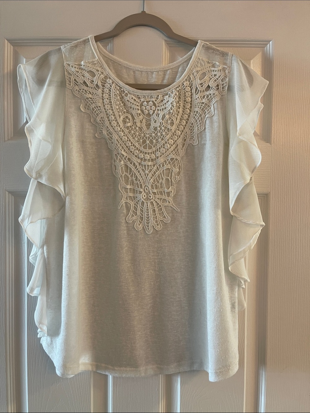 Women's Cream Lace Yoke Ruffle Sleeve Top